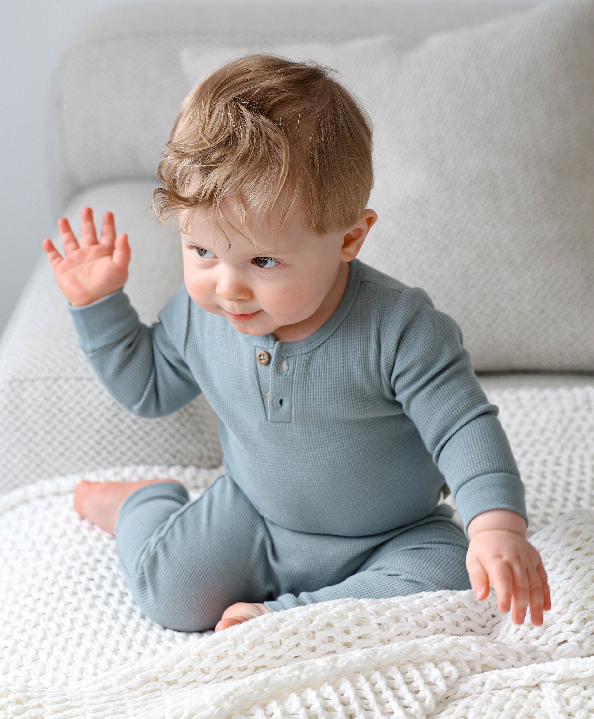 Waffle Long Sleeve Baby Bodysuit - Dusk Blue Lummi in Colour Babywear
