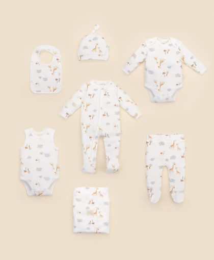 Lūmmi in Colour newborn clothing set flatlay — bodysuit, growsuit, hat, bib and swaddle in matching animal print