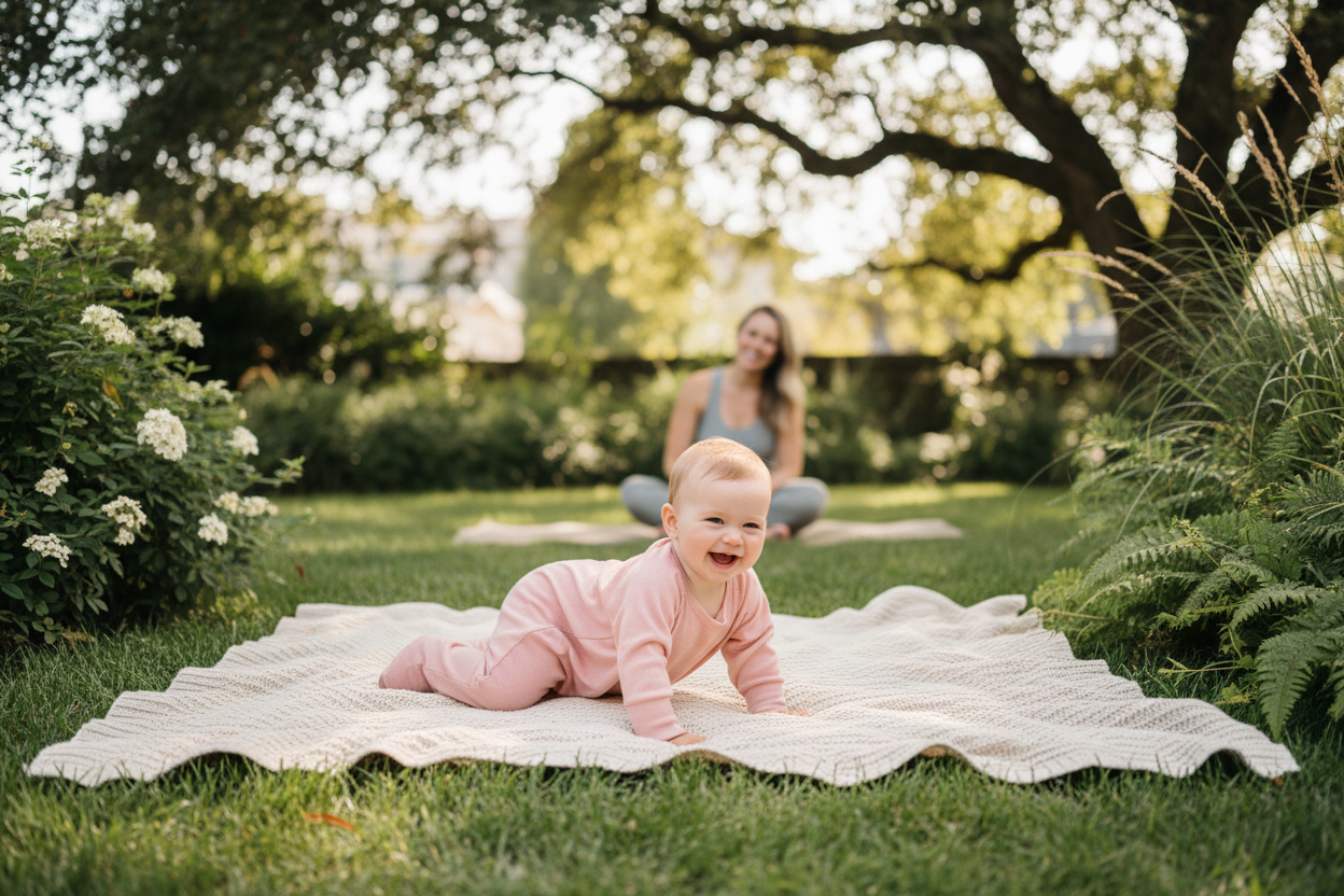 Baby in a soft pink romper resting comfortably outdoors — rompers for daytime and sleep