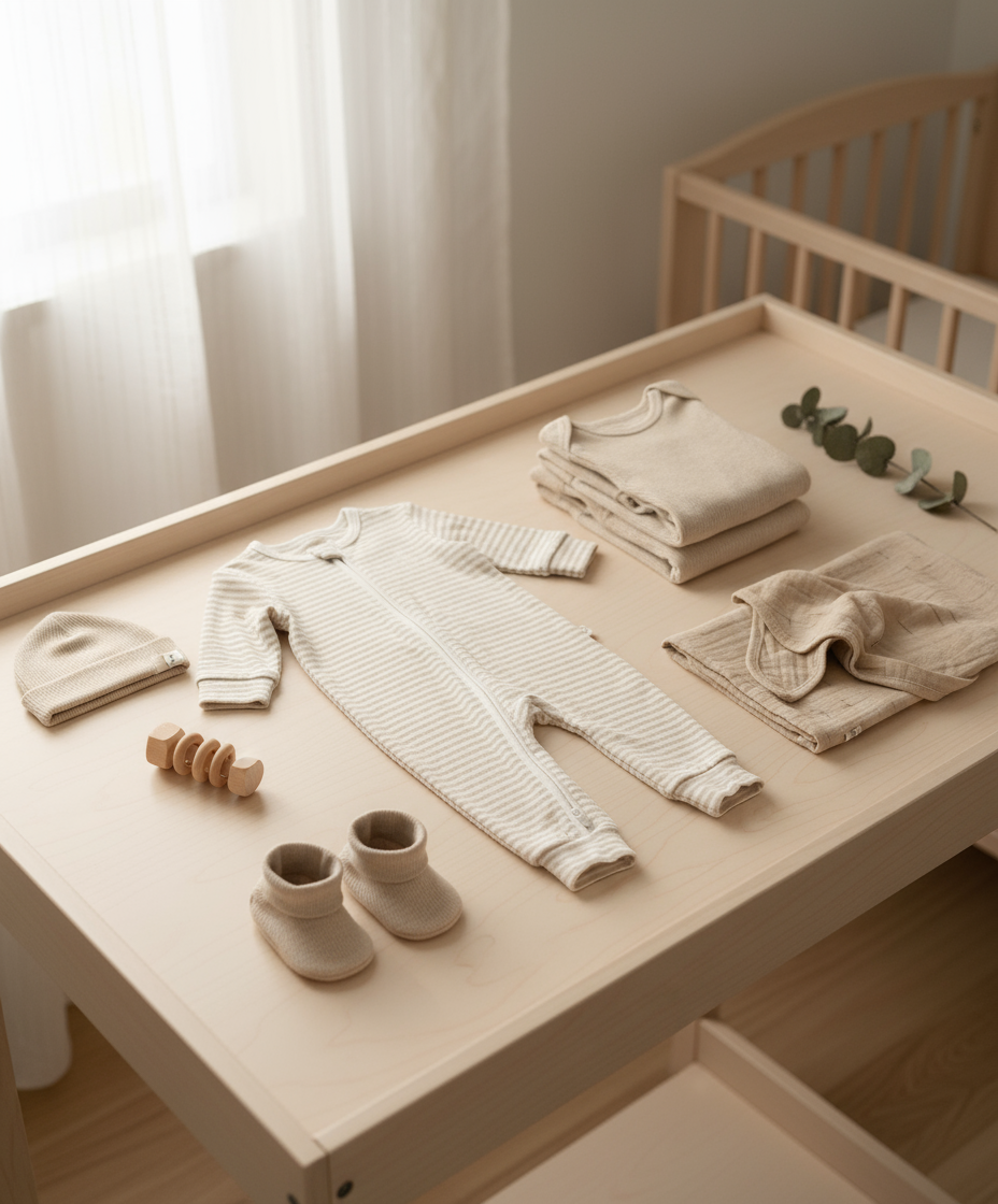 Organic cotton newborn clothing flatlay — onesie, hat, booties and folded layers on a wooden change table