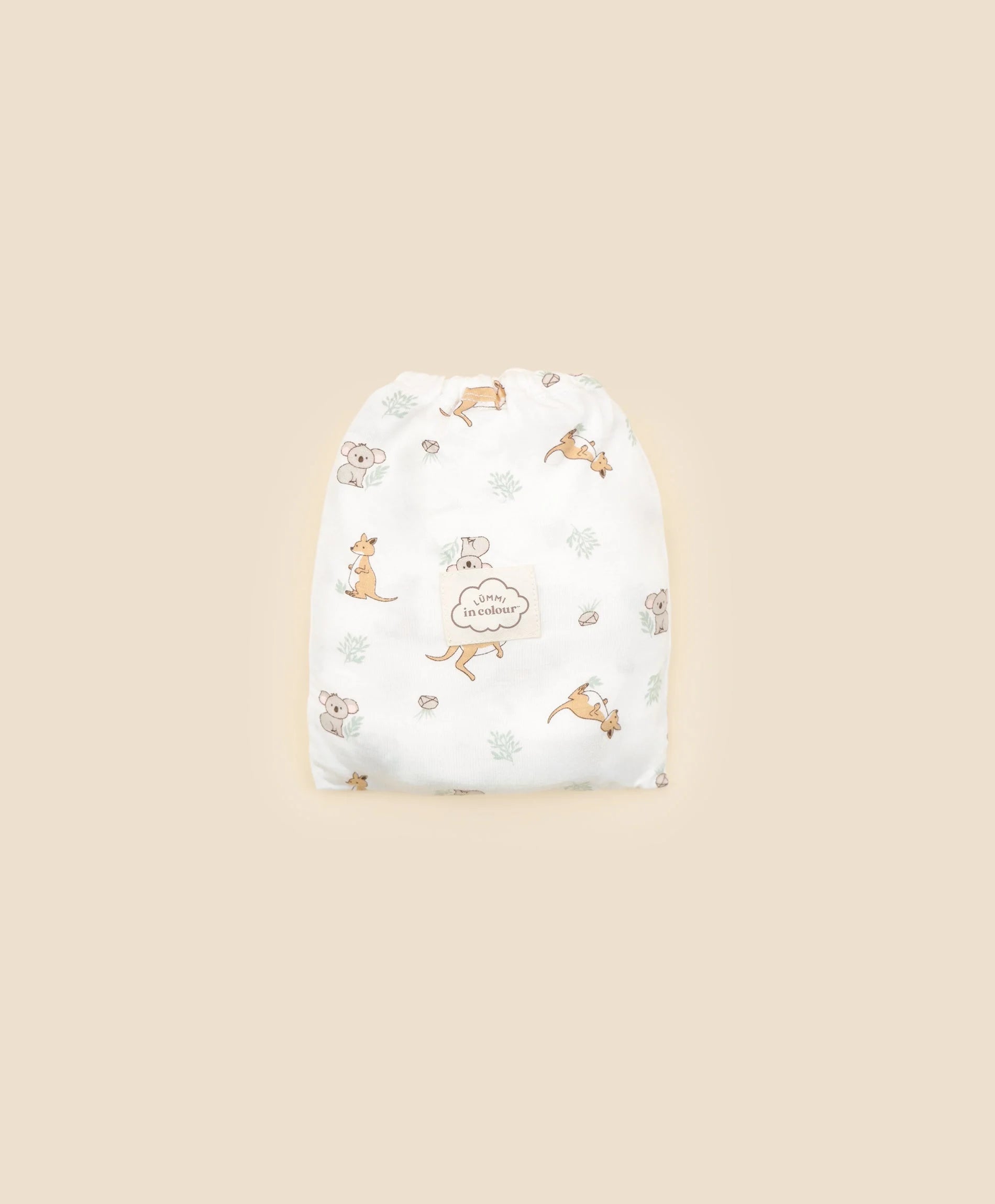 Organic Cotton Bassinet Sheet - Kangaroo &amp; Koala with soft animal prints, designed for babywear and parents.