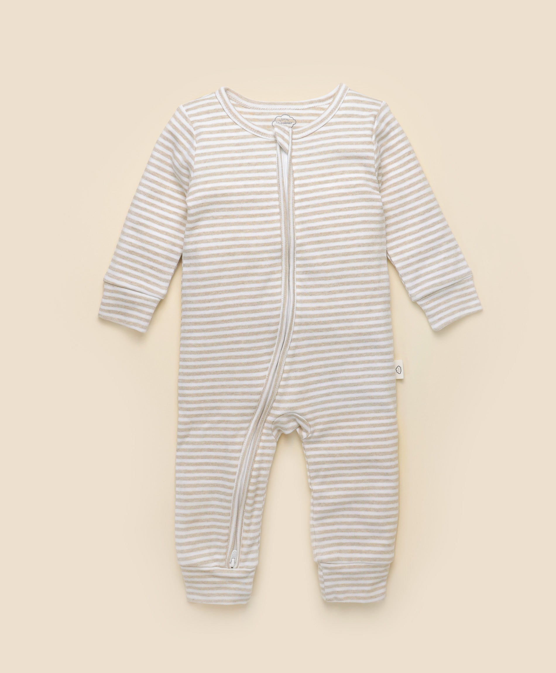 Comfy Baby Zip Growsuit - Heather Beige stripes