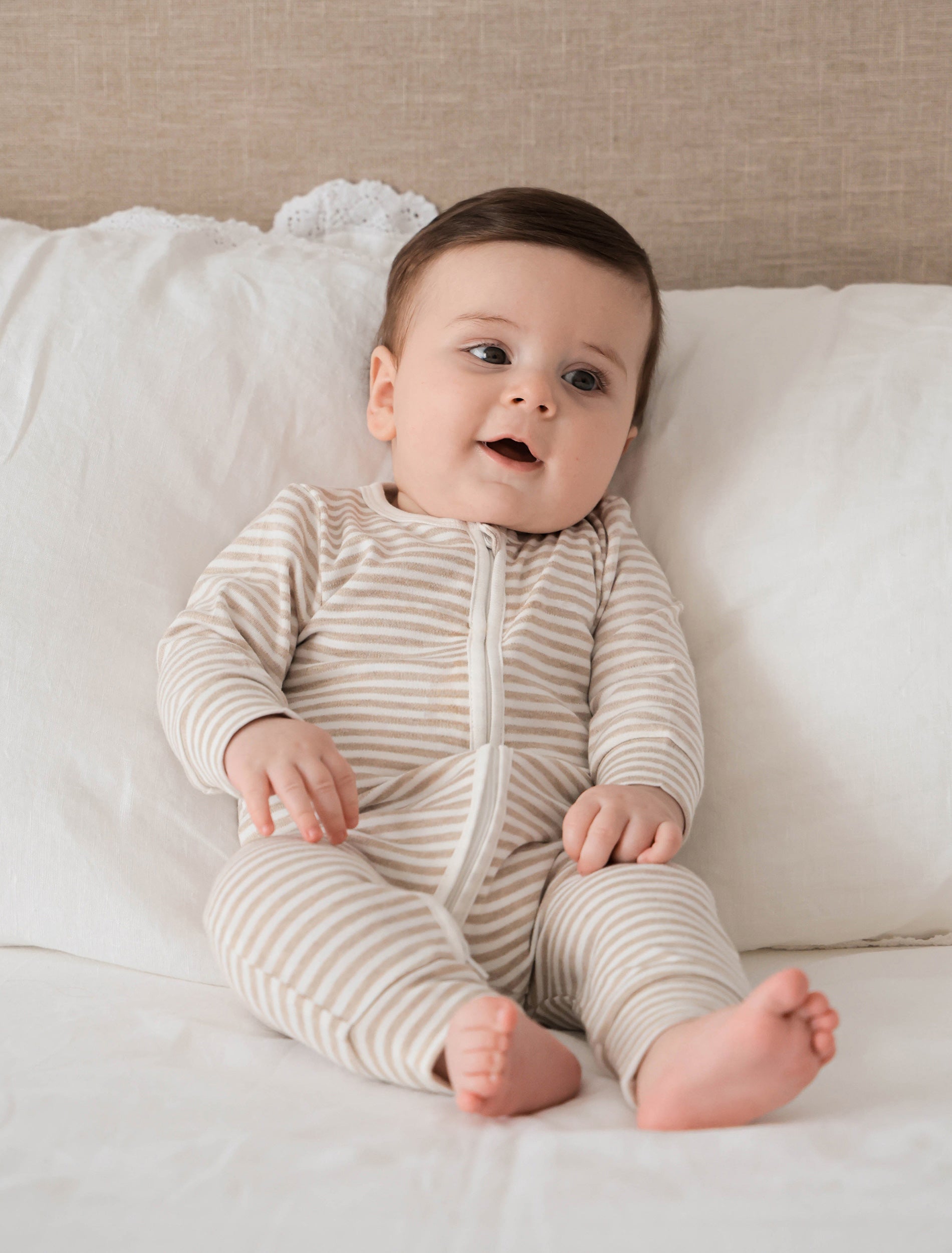 Organic Cotton Zip Growsuit - Oat Stripes