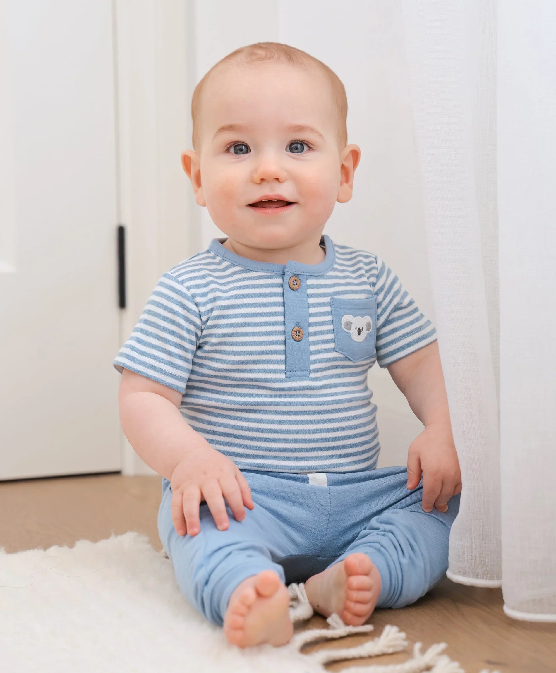 Organic Cotton Short Sleeve Bodysuit - Koala &amp; Blue Stripes