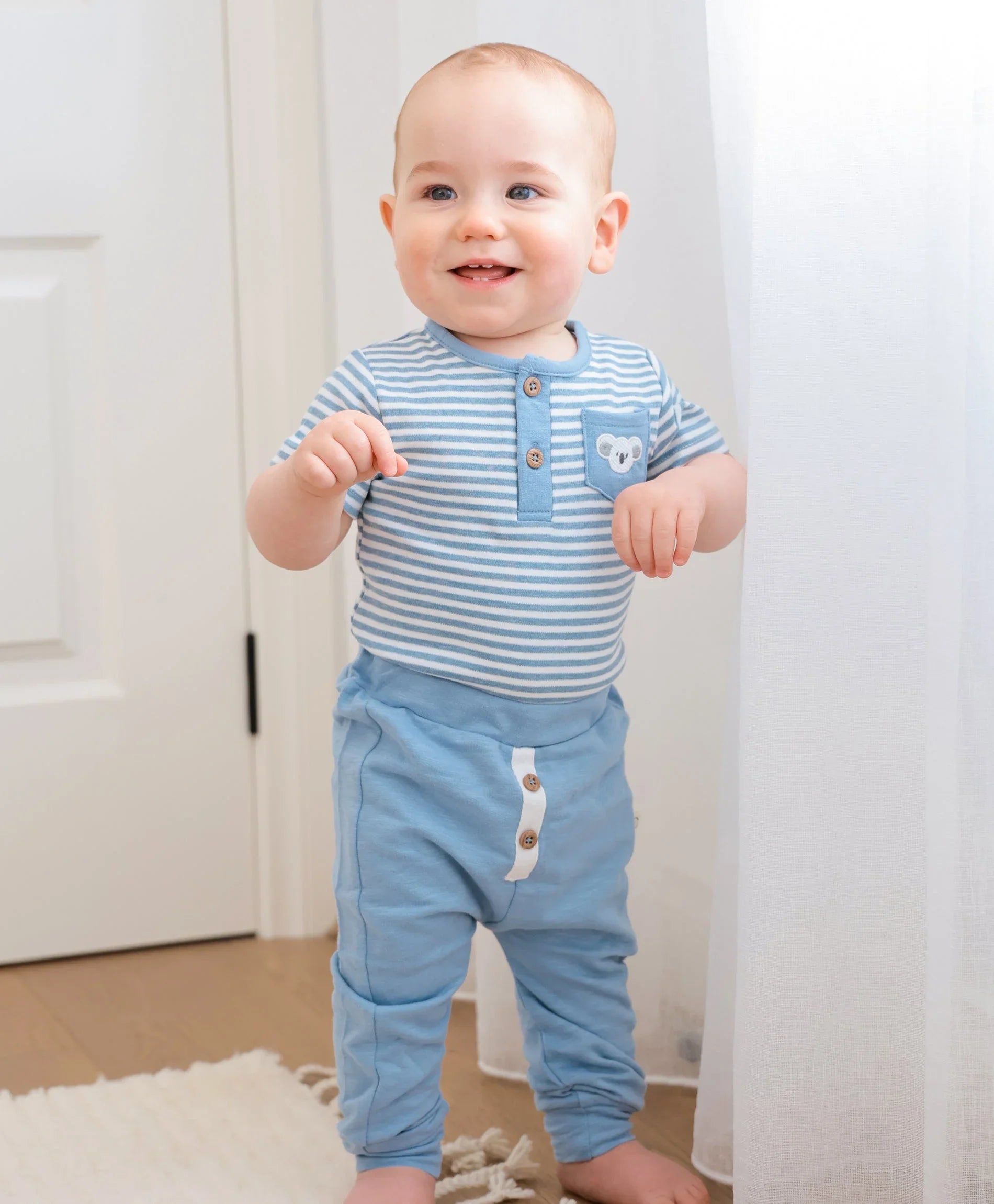 Organic Cotton Short Sleeve Bodysuit - Koala &amp; Blue Stripes