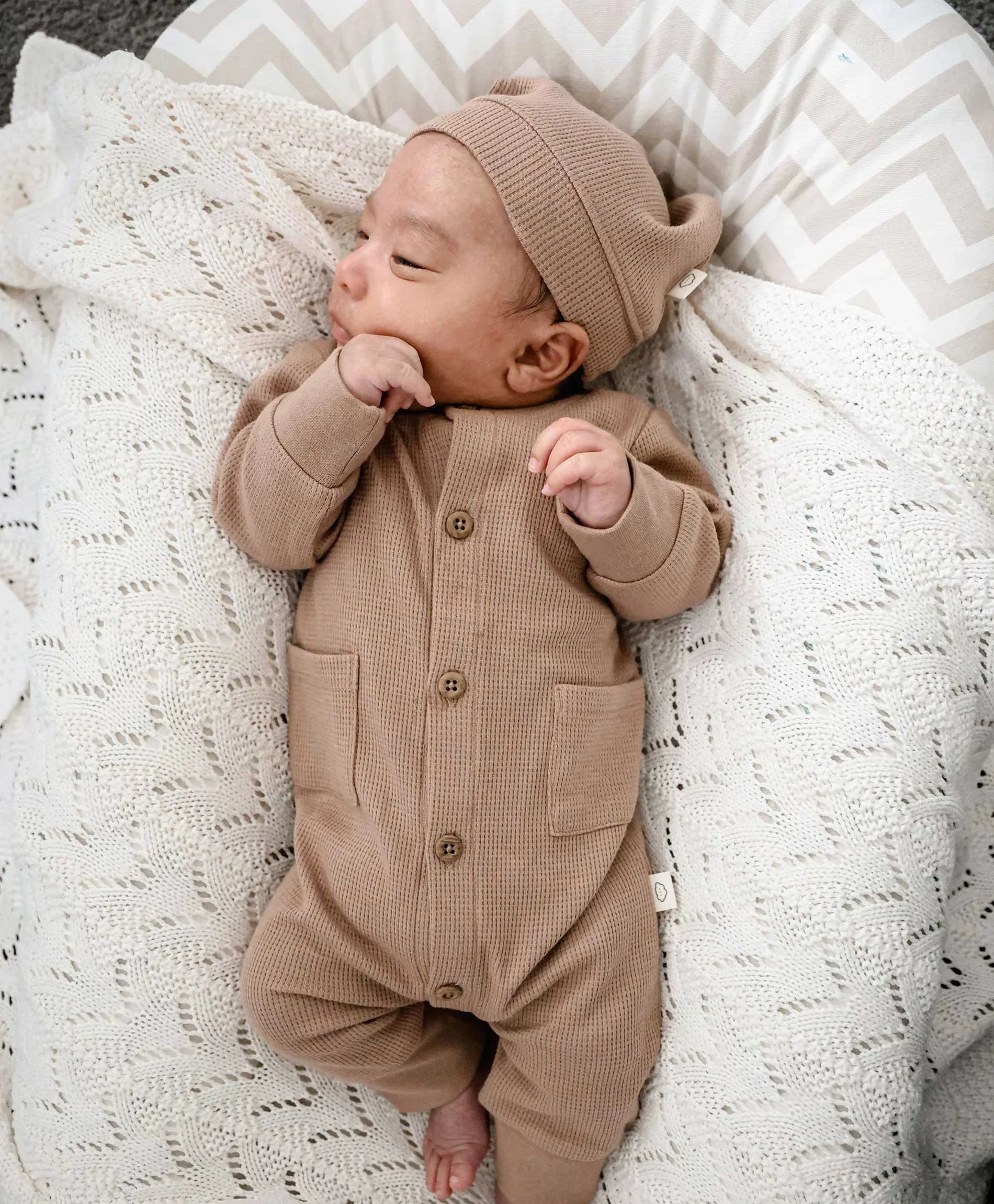 Waffle Button Growsuit  - Mocha Lummi in Colour Babywear