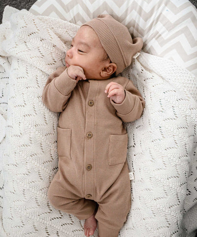 Waffle Button Growsuit  - Mocha Lummi in Colour Babywear