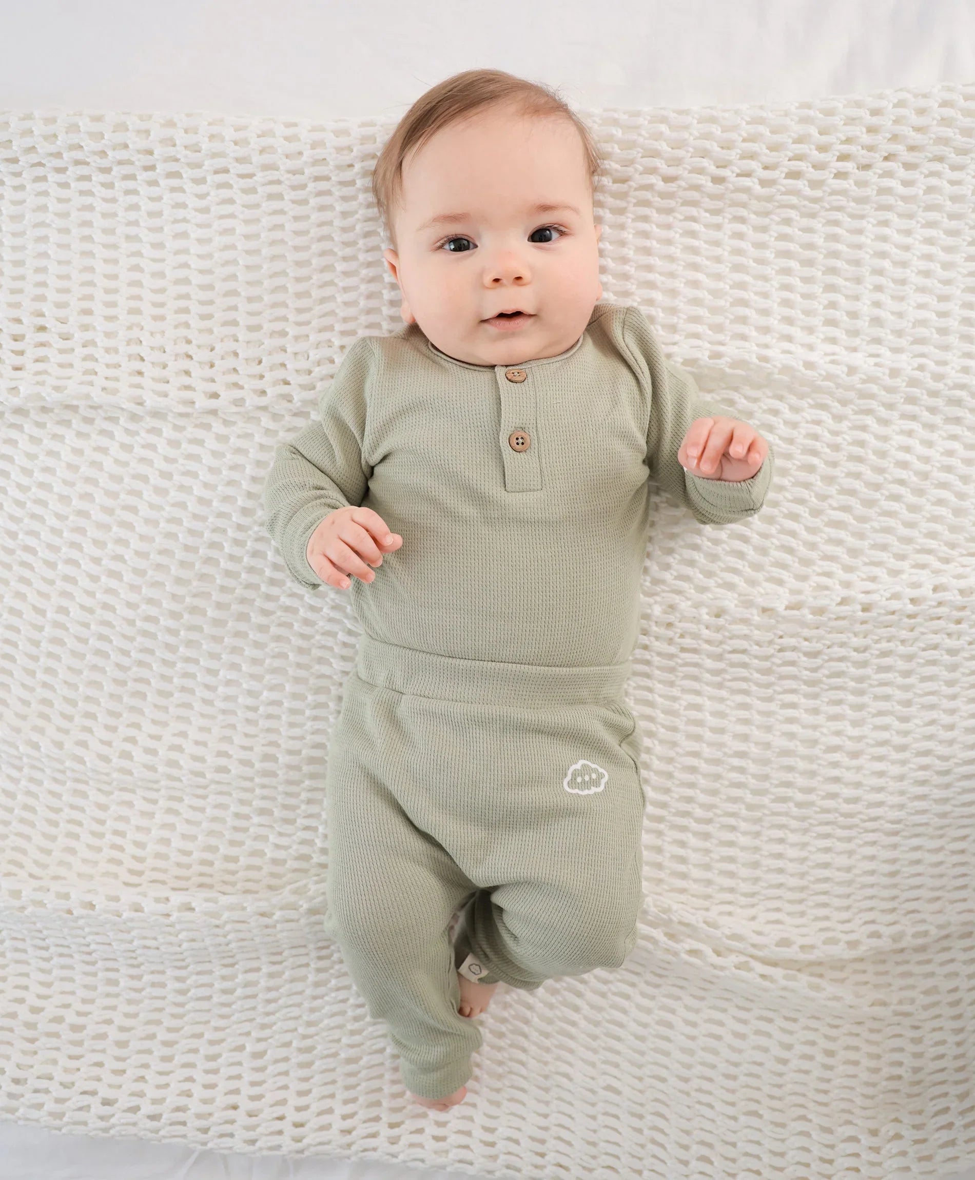 Organic Cotton Waffle Long Sleeve Bodysuit - Sage Green