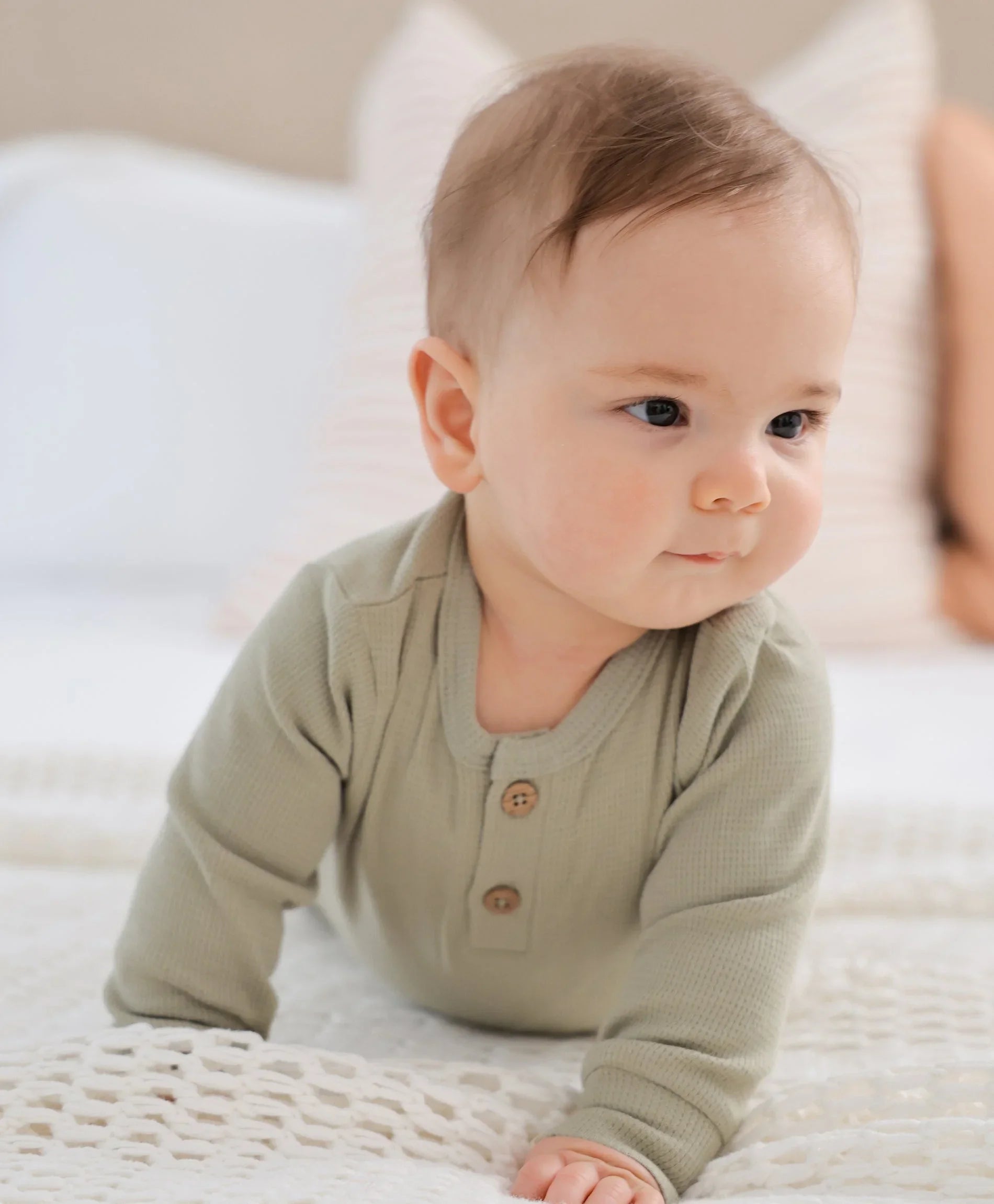 Organic Cotton Waffle Long Sleeve Bodysuit - Sage Green