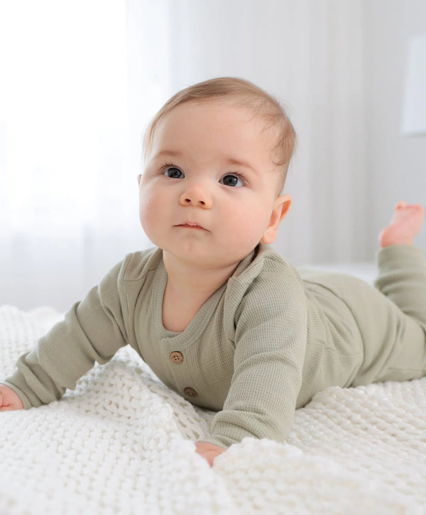 Organic Cotton Waffle Long Sleeve Bodysuit - Sage Green